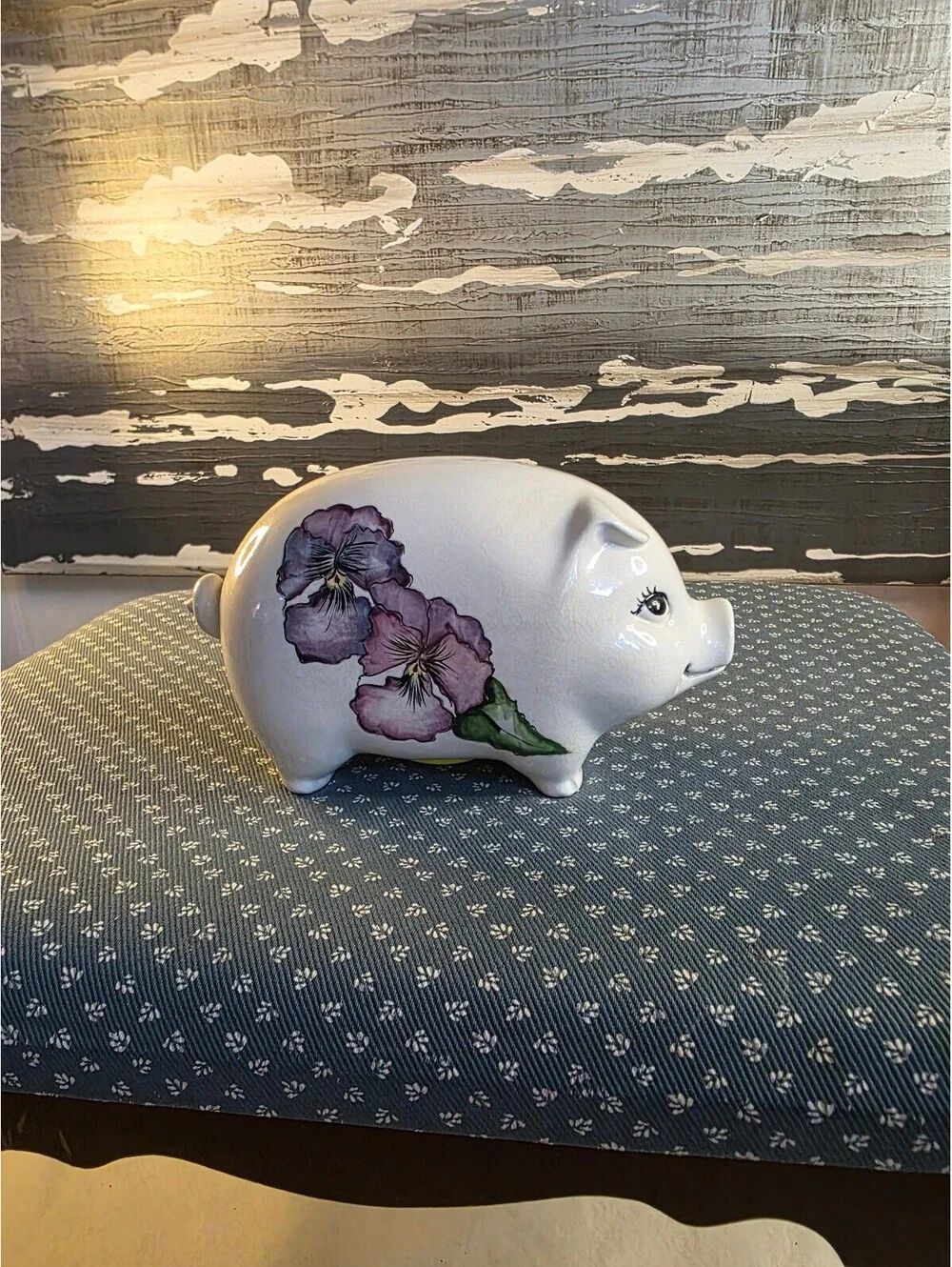 Signed Hand-Painted Ceramic Piggy Bank Purple Pansy Flowers Studio Pottery